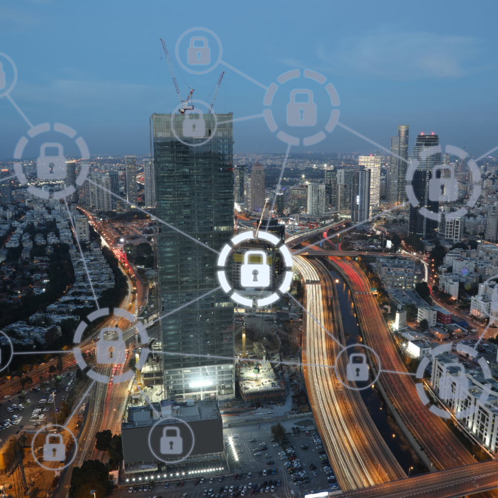 The image shows a city skyline at dusk with a skyscraper and highways. Overlaid are connected lock icons, representing cybersecurity in a smart city.